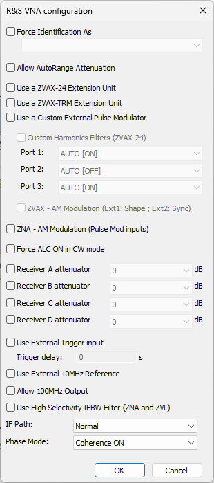 Driver options of Rohde & Schwarz Generic VNA